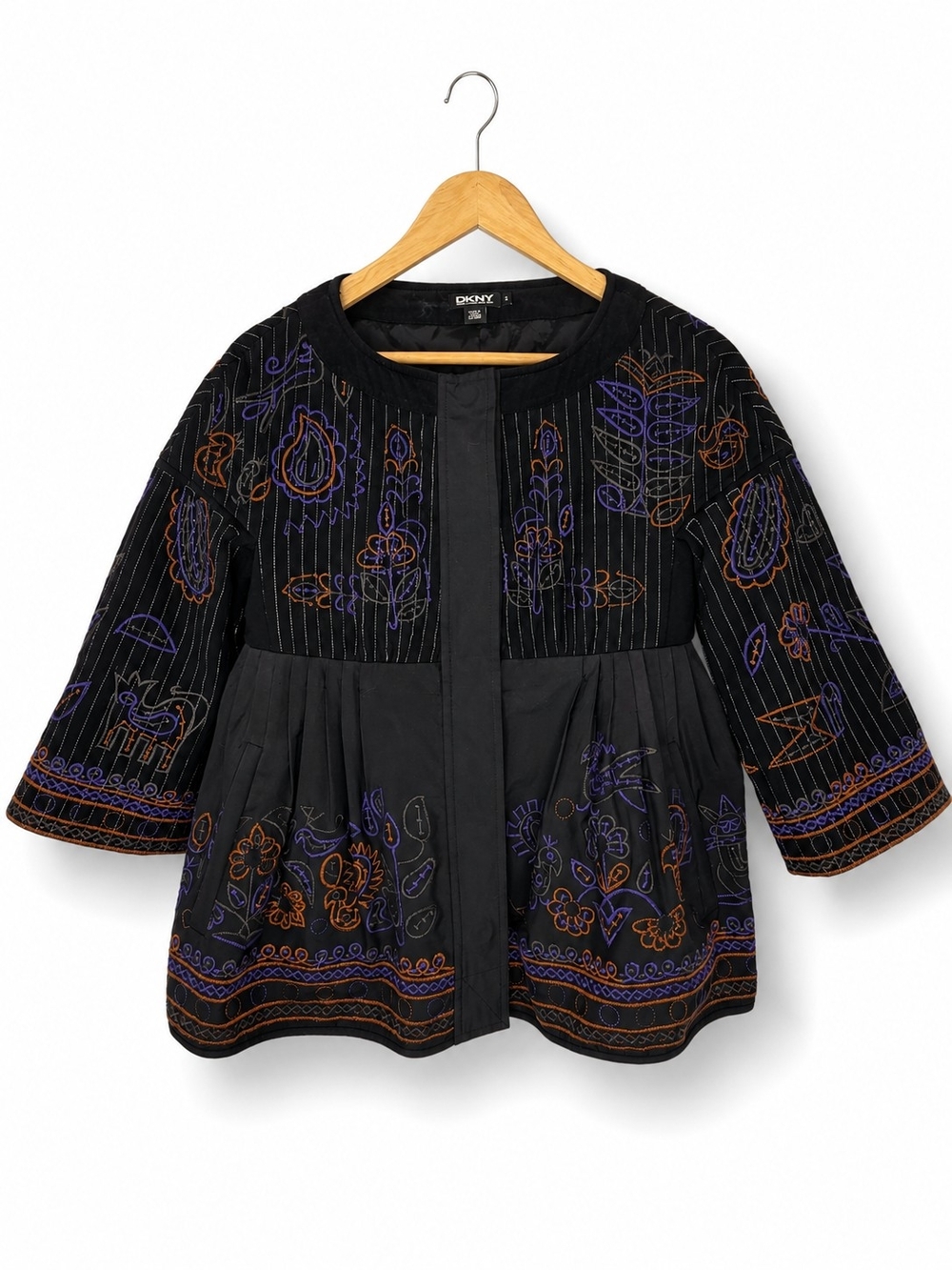 DKNY Vintage Embroidered Peplum 97% Wool Boho Jacket Black Size 2